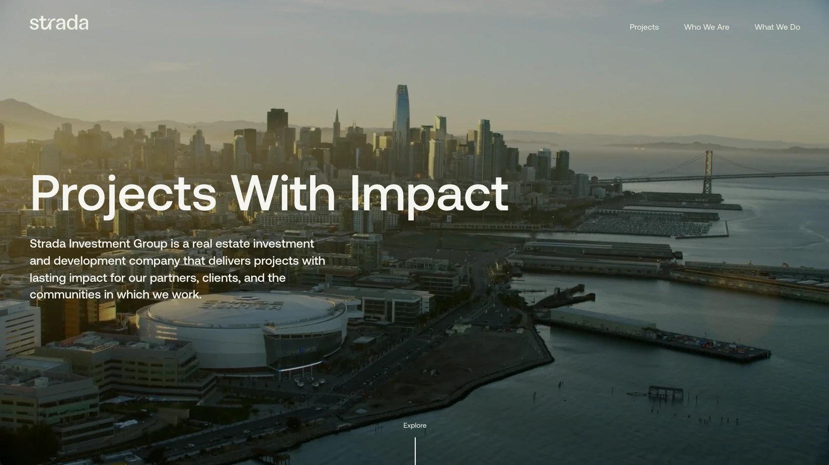 Strada homepage: Projects With Impact over an aerial view of San Francisco