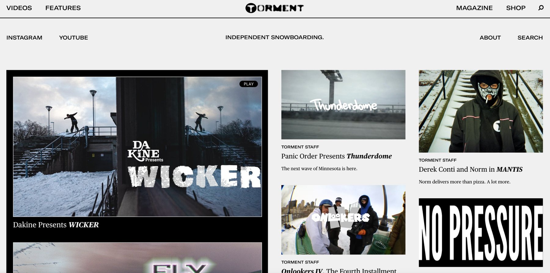 Torment Magazine homepage: independent snowboarding video features
